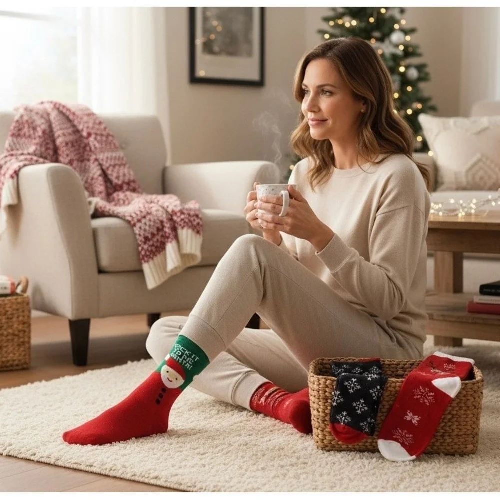 Novelty‎ Christmas Knit Socks 5.5-8.5 US Holiday Unisex Soft Reindeer 5 Pk NEW